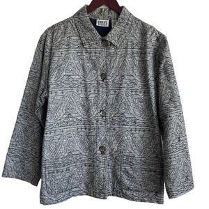 VTG Chicos Women Silk Jacket Top L Black Embroidered Artsy Button Front Evening